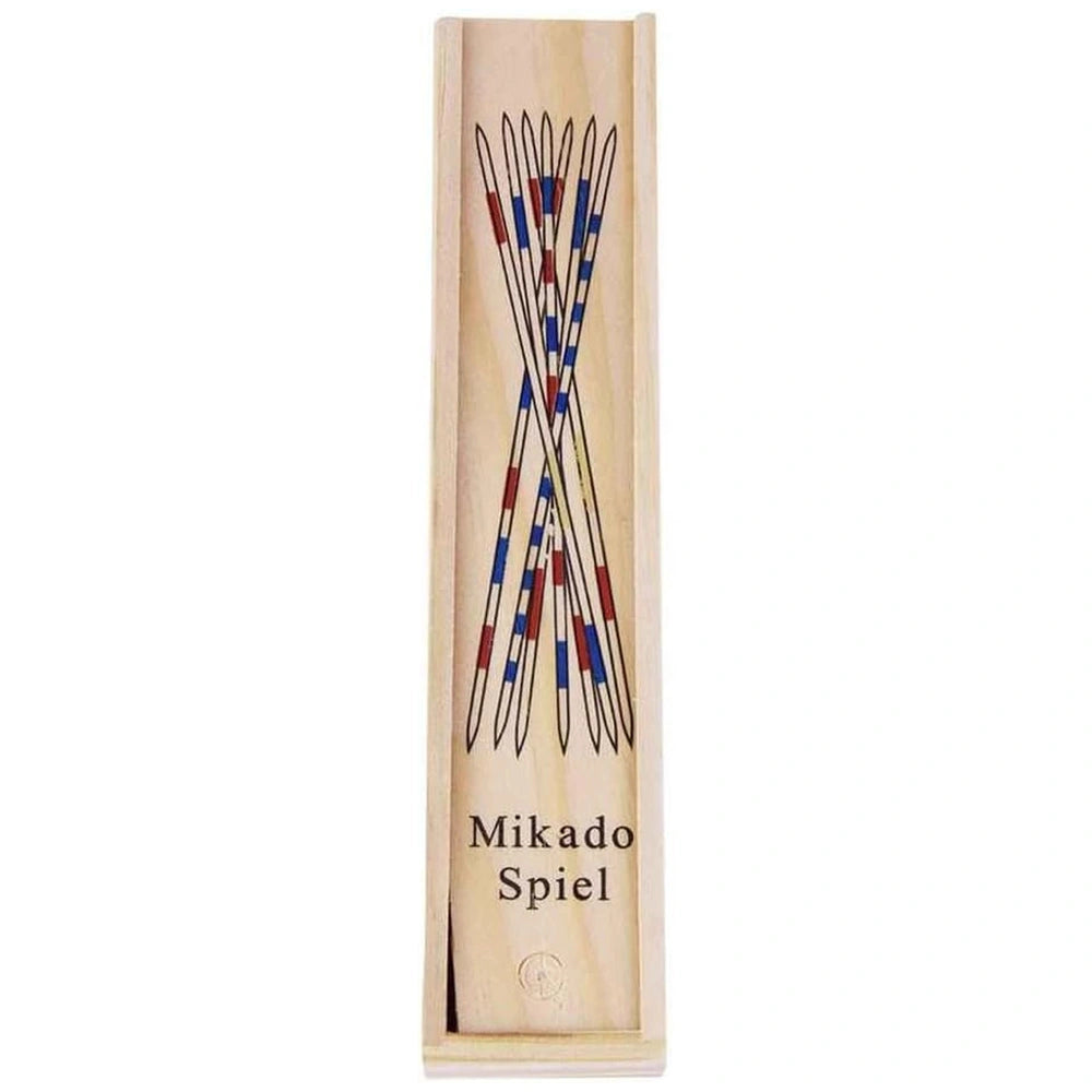 Teorema Mikado Stick Game features a smooth light wood base with vibrant red, white, and blue decorative lines and "Mikado Sp