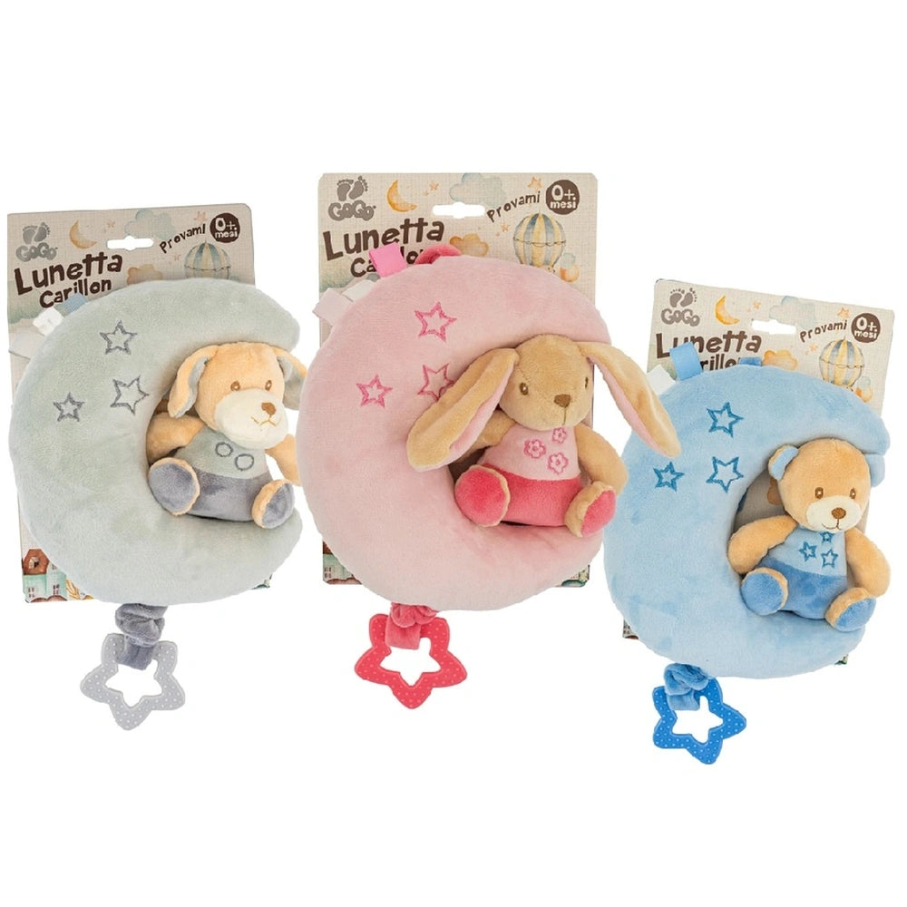 Teorema GoGo Doudou Moon Musical Mobile features three plush teddy bears in colorful crescent-shaped pillows with star patter
