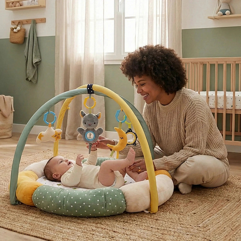 Teorema GoGO Soft Play Gym features a baby on a patterned mat with a toy, while a smiling woman engages with them.