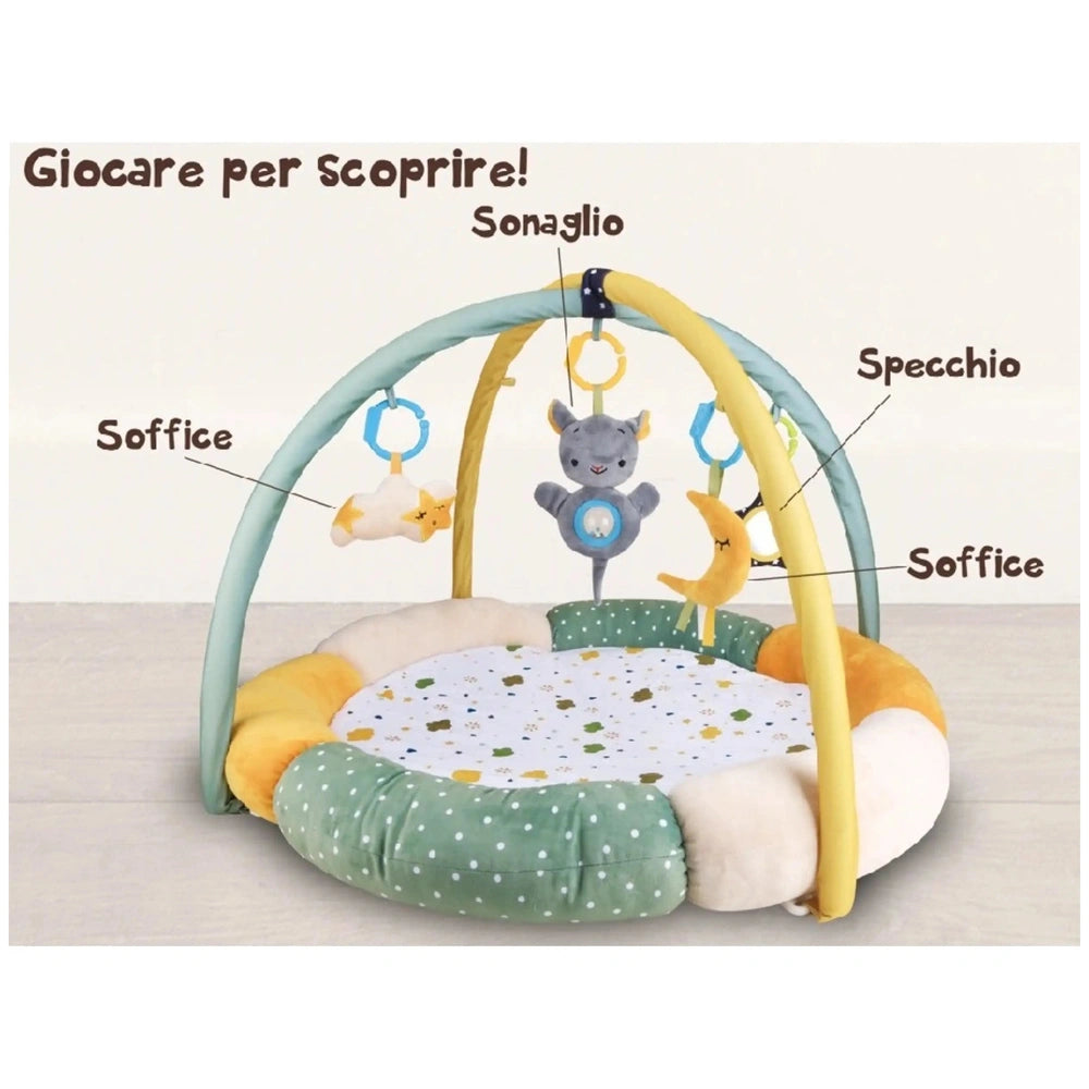 Teorema GoGO Soft Play Gym features a plush play mat with a central toy bar and a colorful plush animal for interactive play.
