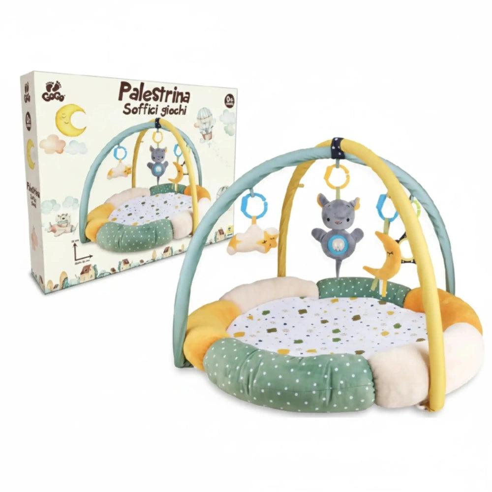 Teorema GoGO Soft Play Gym features a colorful children's play area with a toy bed, nightstand, and plush stuffed animals.
