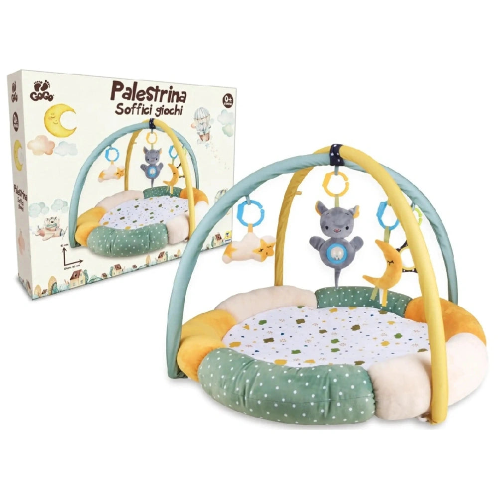 Teorema GoGO Soft Play Gym features a colorful plush play mat resembling a bed with a canopy and a friendly plush animal toy.
