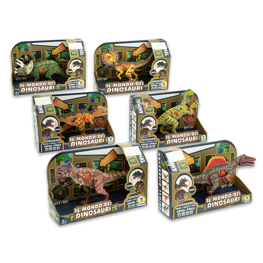 Teorema - Il Mondo dei Dinosauri action figures showcase colorful toy dinosaurs in jungle-themed packaging with clear windows