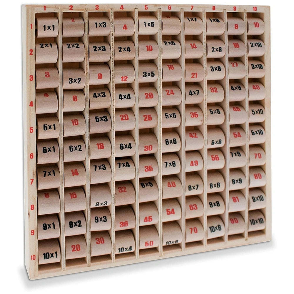 Teorema educational toy features a wooden grid with numbered pegs, designed to help children learn multiplication tables.