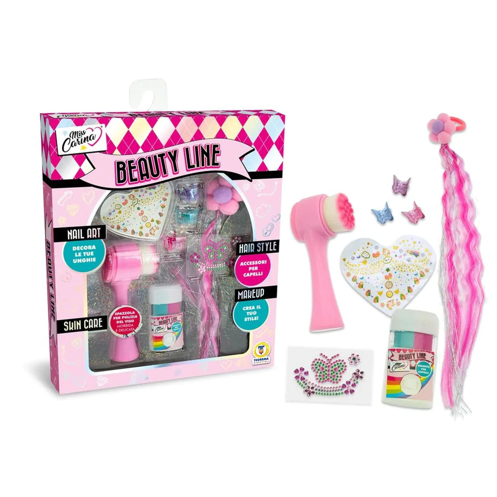 Teorema Miss Carina Beauty Line Kit 4in1 features a pink and white checkered packaging with a nail art brush and accessories.