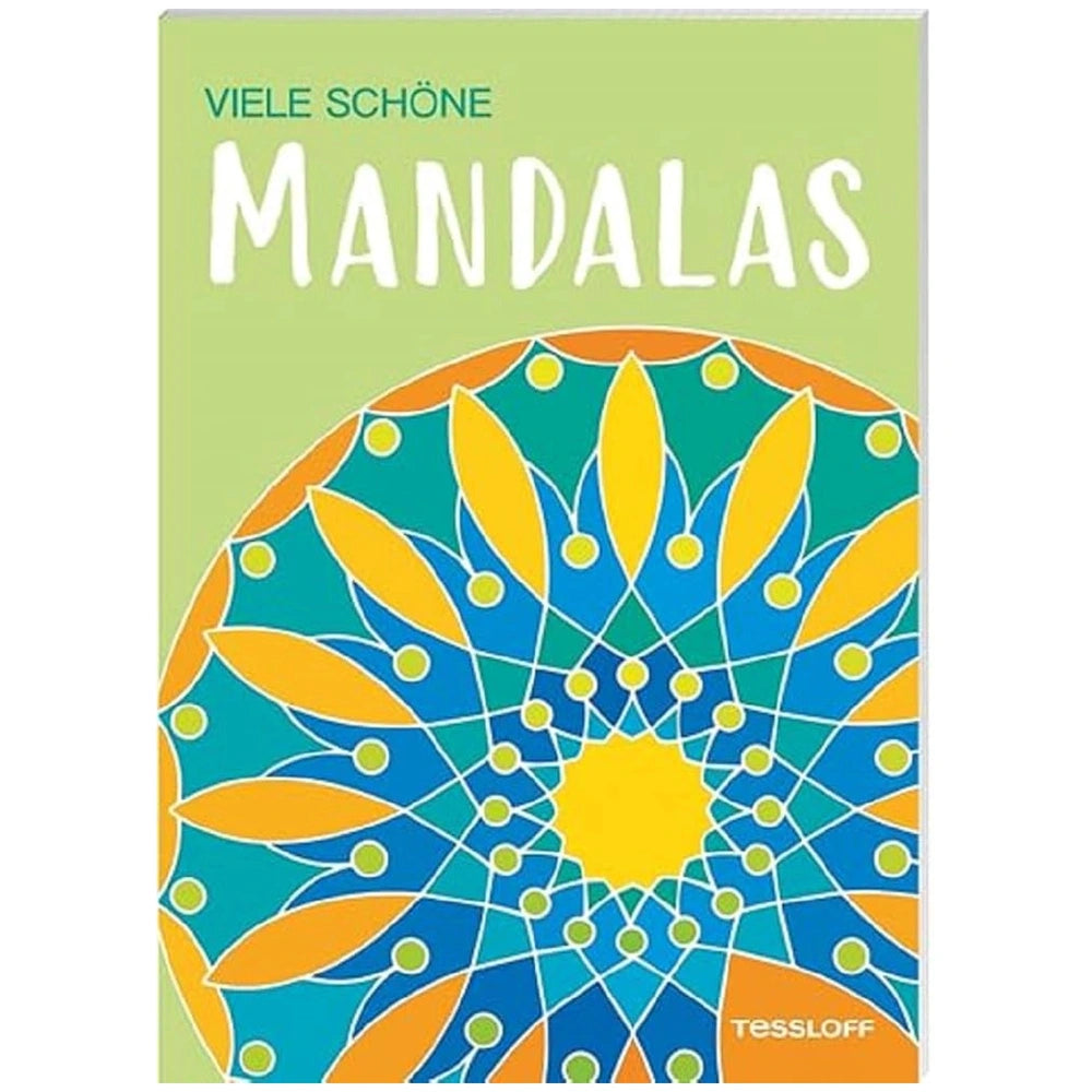 Beautiful mandalas coloring book cover featuring a glossy design with green, blue, and yellow symmetrical patterns and bold t