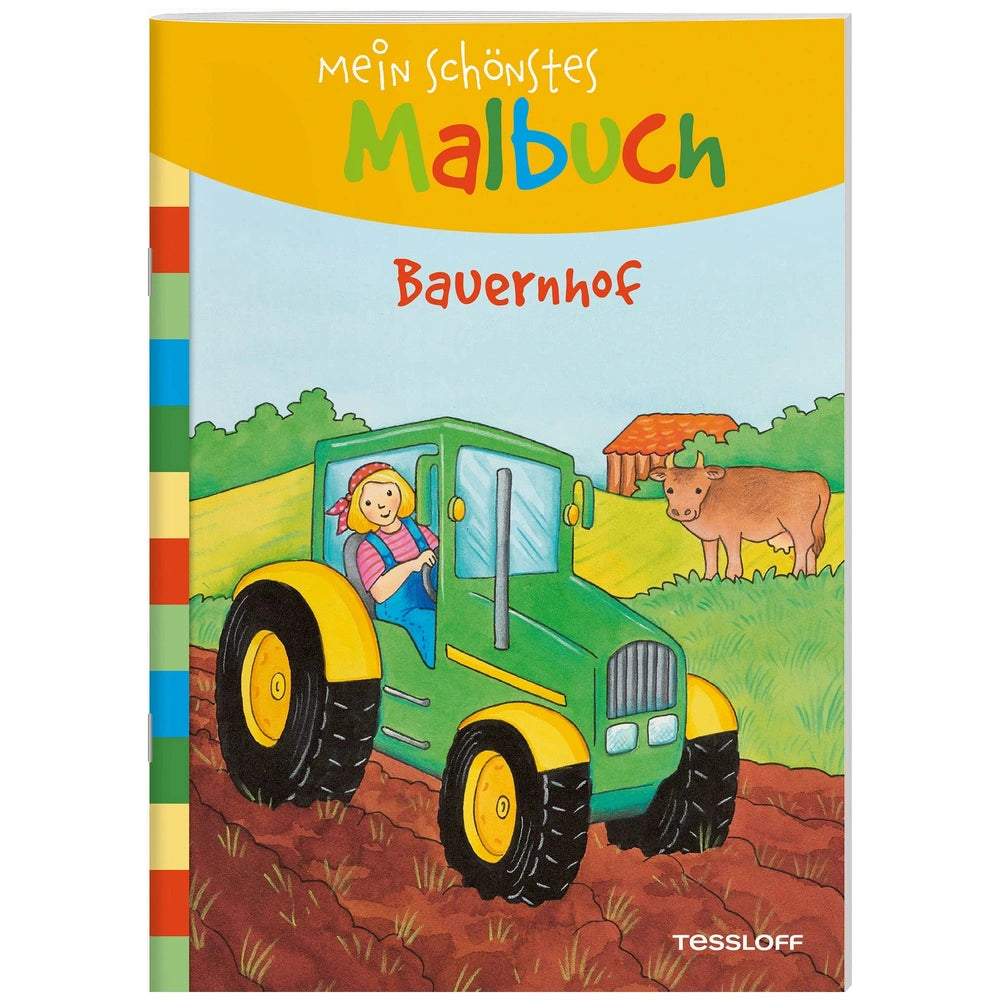 TESSLOFF's "My Most Beautiful Coloring Book Farm" features a girl in a tractor with a cow on a sunny day.