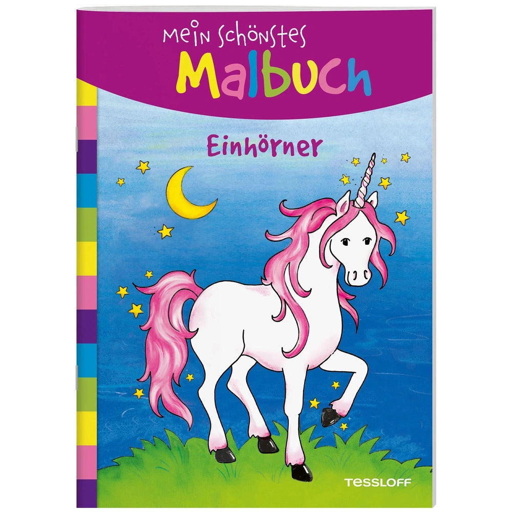 TESSLOFF - My Most Beautiful Coloring Book Unicorns features a vibrant unicorn illustration on a blue gradient cover.