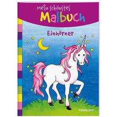 TESSLOFF - My Most Beautiful Coloring Book Unicorns features a vibrant unicorn illustration on a blue gradient cover.