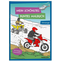 TESSLOFF's colorful coloring book cover features two motorcycle riders on a snowy slope against a vibrant blue background.