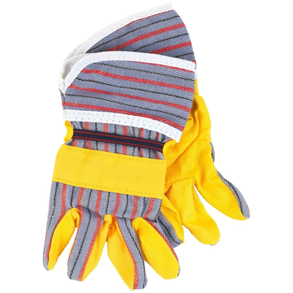 Theo Klein Bosch accessories set featuring red, white, and blue striped gloves with yellow cuffs and padded backhand for prot