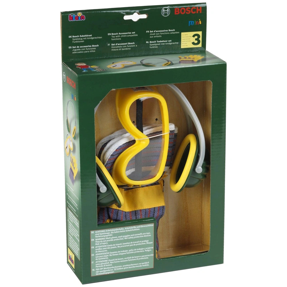 Theo Klein Bosch Accessories Set with green cardboard packaging, transparent window, and yellow handle for pretend play.