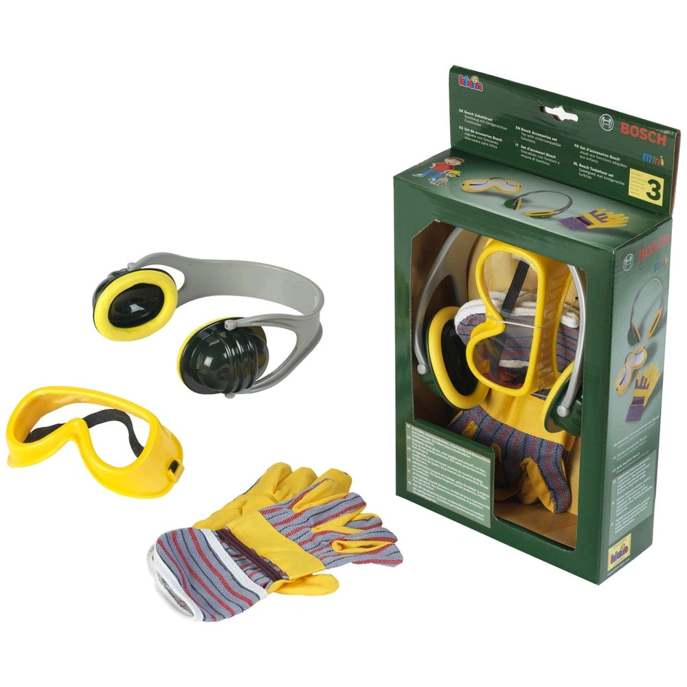 Theo Klein Bosch Accessories Set features a green box with various gray and yellow plastic headbands and a black wheel.