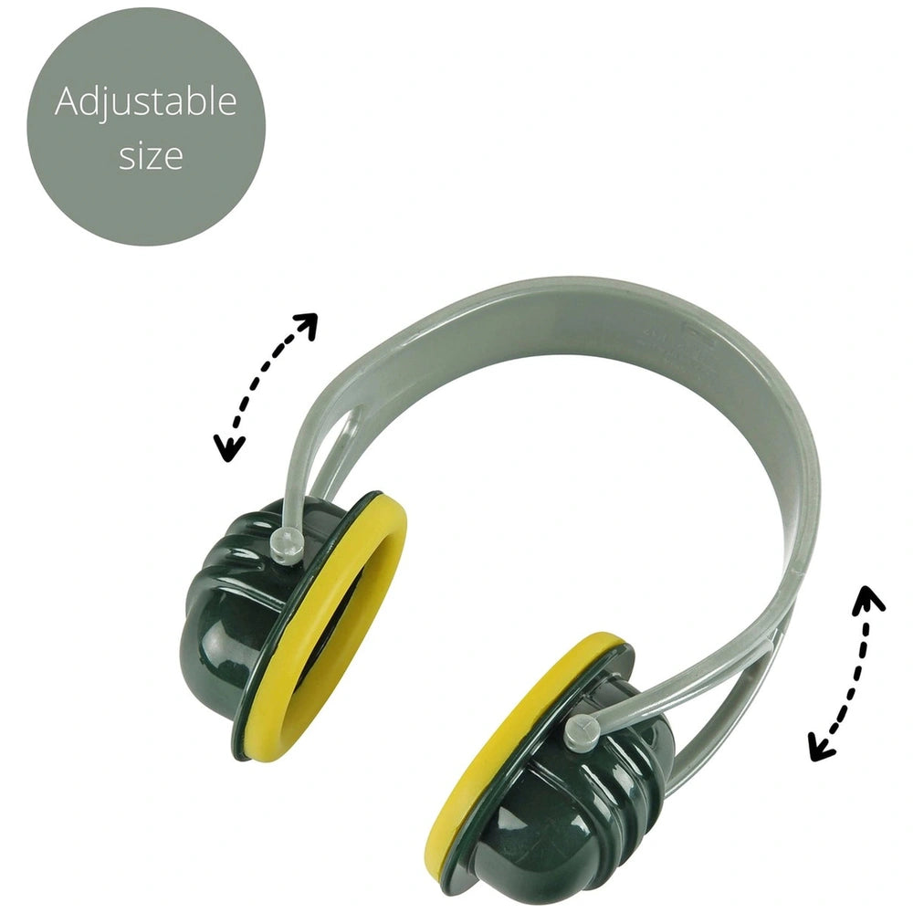 Theo Klein Bosch accessories set featuring a gray headband and yellow-black earbuds with adjustable size.