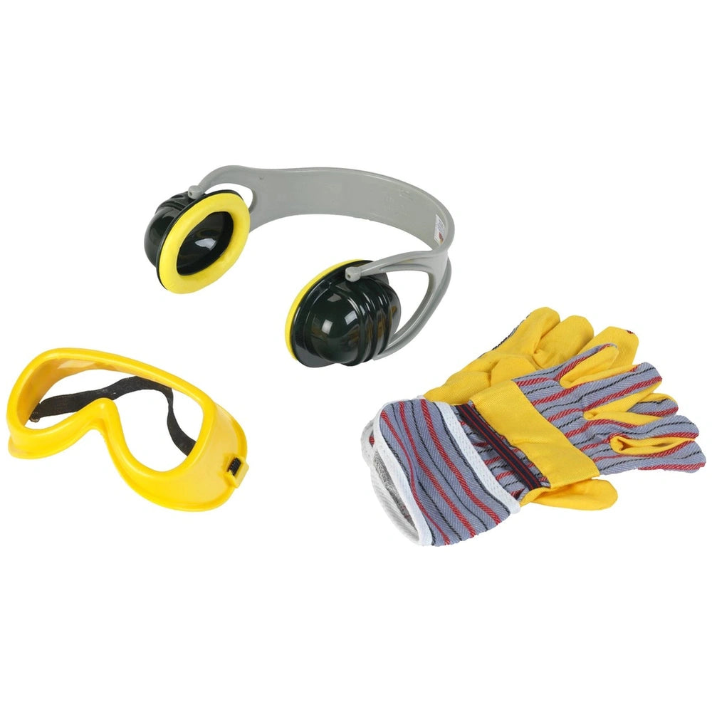 Theo Klein Bosch accessories set featuring a black and yellow headband, black earpieces, and yellow gloves with red and blue 