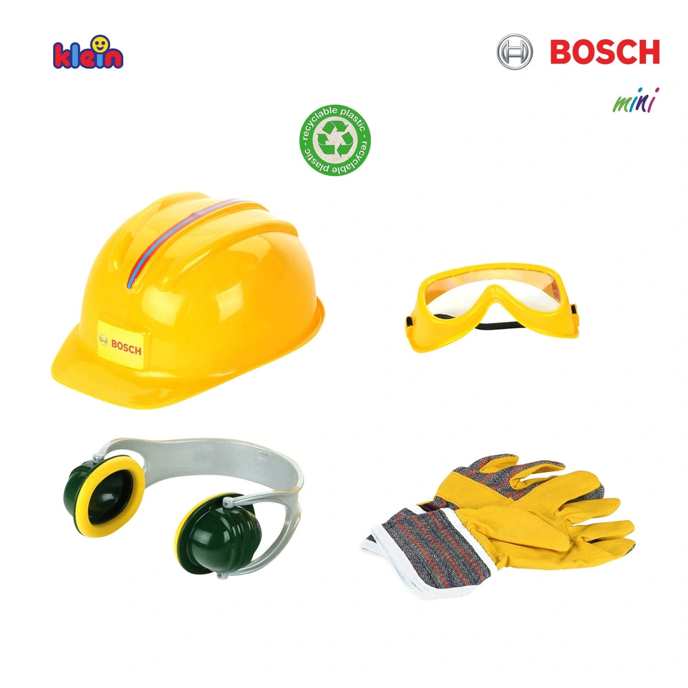 Theo Klein Bosch accessories set includes a yellow helmet, goggles, gloves, and ear muffs, all featuring red BOSCH labels.