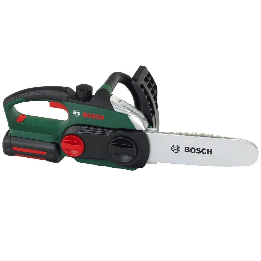 Theo Klein Bosch chain saw with a metal serrated blade, black plastic handle, and a red button, showcasing brand details.