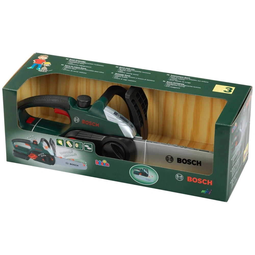 Theo Klein Bosch Chain Saw II toy in green and black packaging with matte cardboard, glossy surface, and clear plastic window