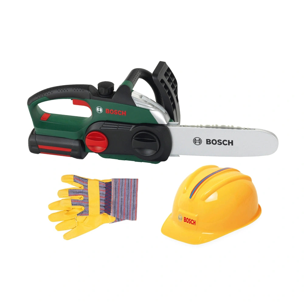 Theo Klein Bosch chainsaw set with green and black plastic saw, yellow helmet, gloves, and silver blade featuring "BOSCCH" te