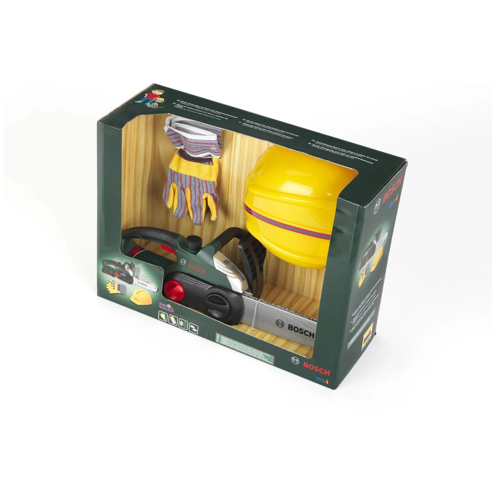 Theo Klein Bosch chainsaw toy set with yellow helmet, gloves, and various accessories in brown cardboard packaging.