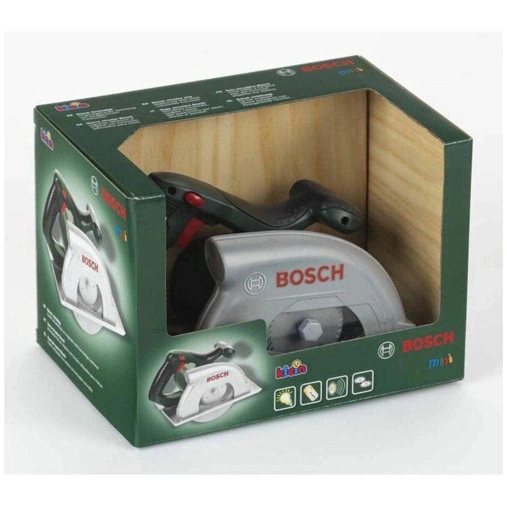 Theo Klein Bosch circular saw toy in green cardboard packaging with silver accents, designed for pretend professions and role