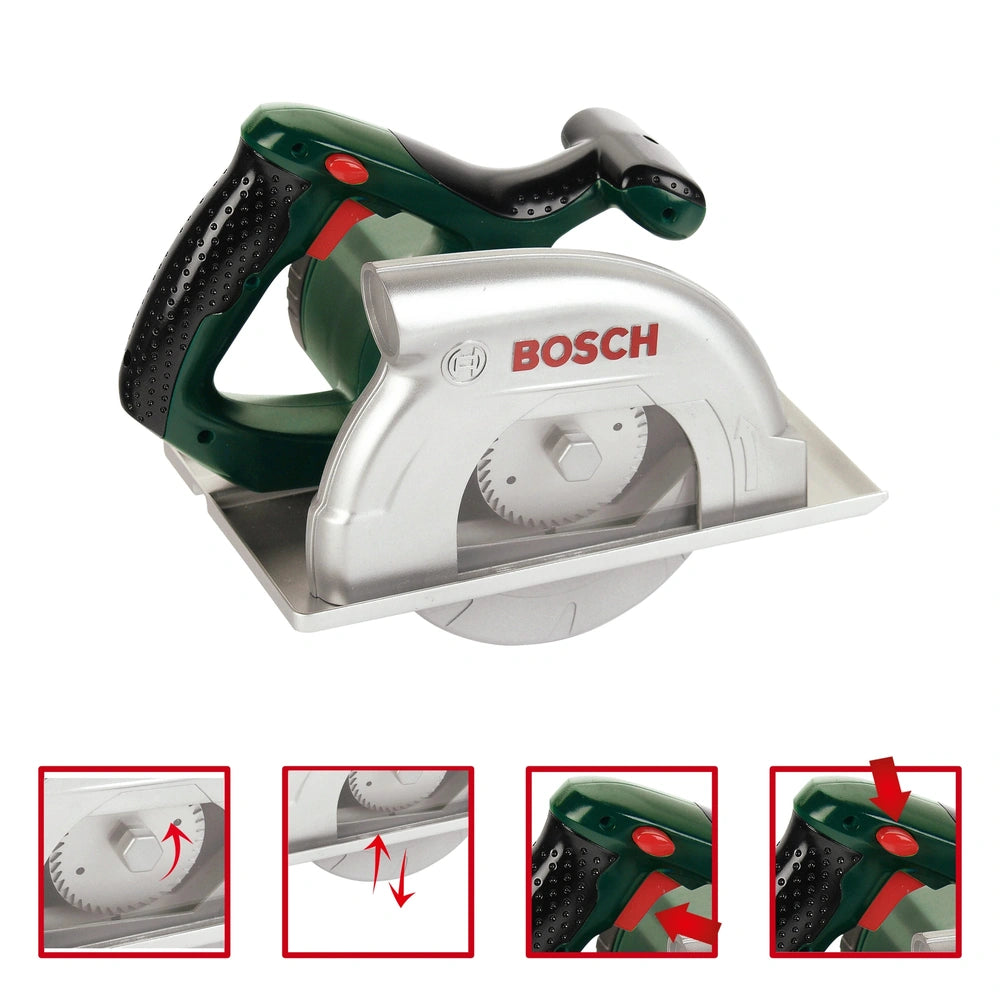 Theo Klein Bosch circular saw with a green and black handle, silver body, textured grip, and visible internal components.