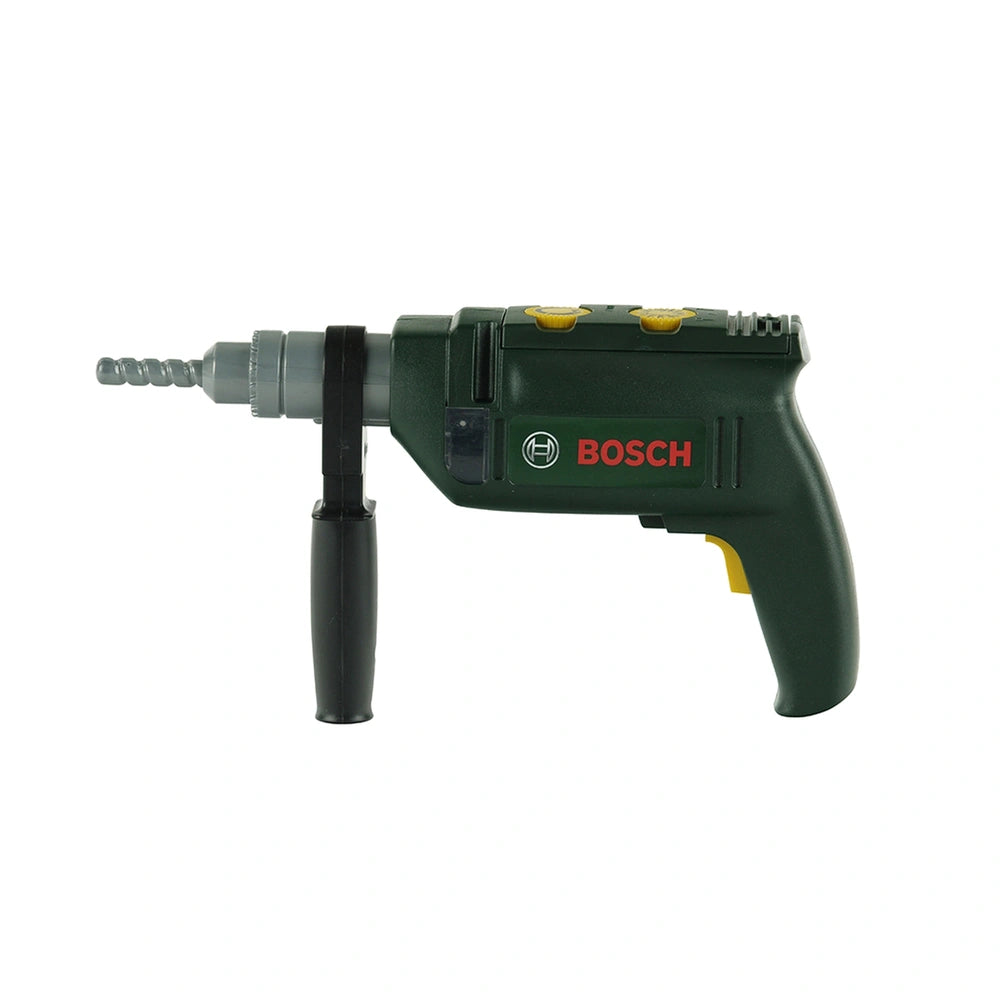 Bosch pretend drill in green and black with a silver screwdriver bit, featuring a textured grip and trigger mechanism.
