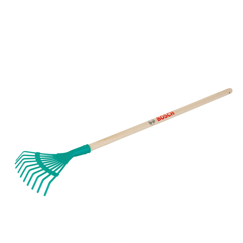Theo Klein Bosch Garden rake with a wooden handle, light brown body, and green bristles, featuring "BOOSCH" text.