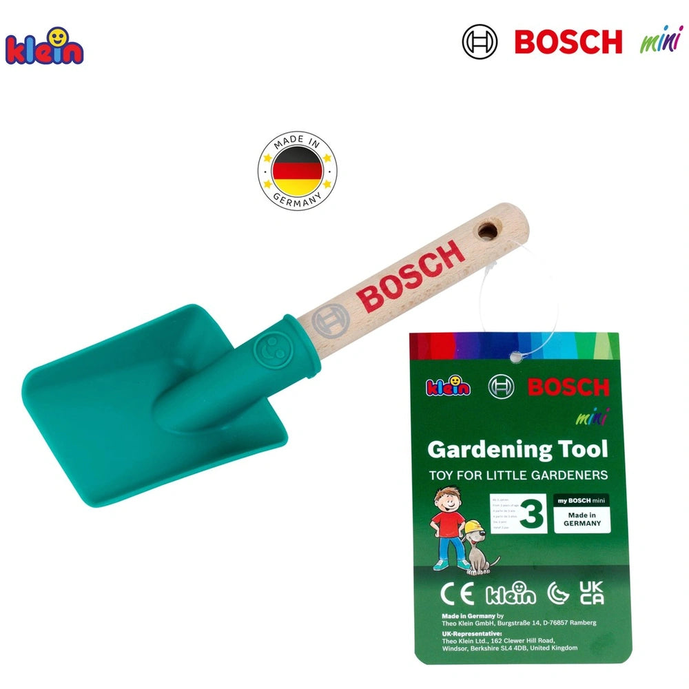 Theo Klein Bosch Garden hand shovel with green wooden handle and blue plastic body, packaged in green with white and red acce