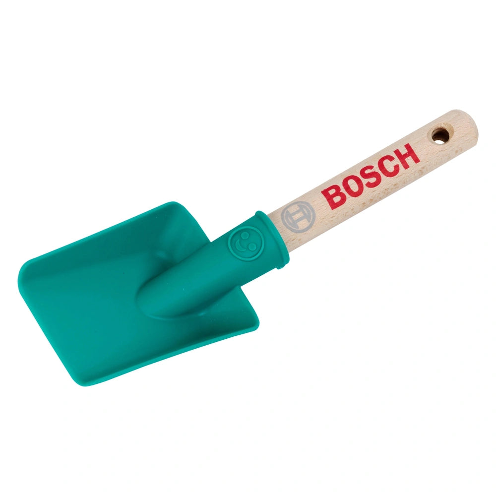 Theo Klein Bosch garden hand shovel features a green plastic blade and a brown wooden handle with "BOSCH" text.