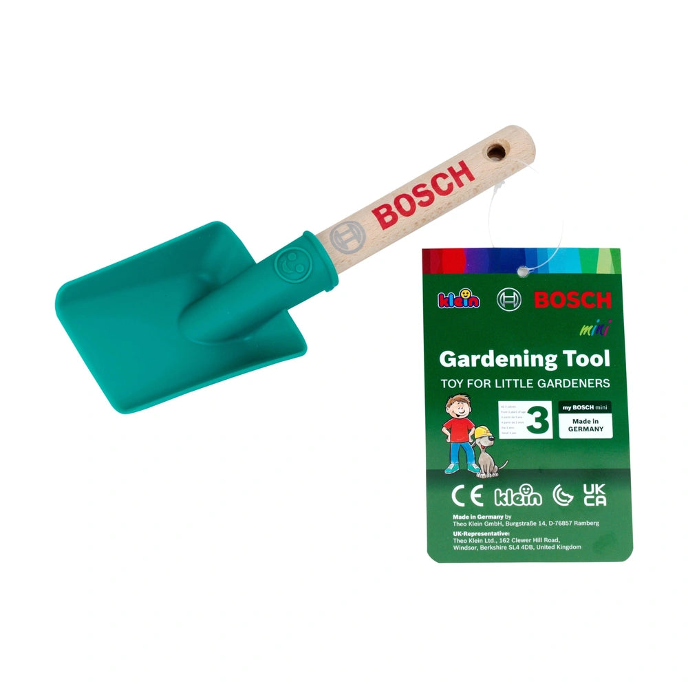 Theo Klein Bosch Garden hand shovel features a green plastic head and handle with a wooden shaft, set against green packaging