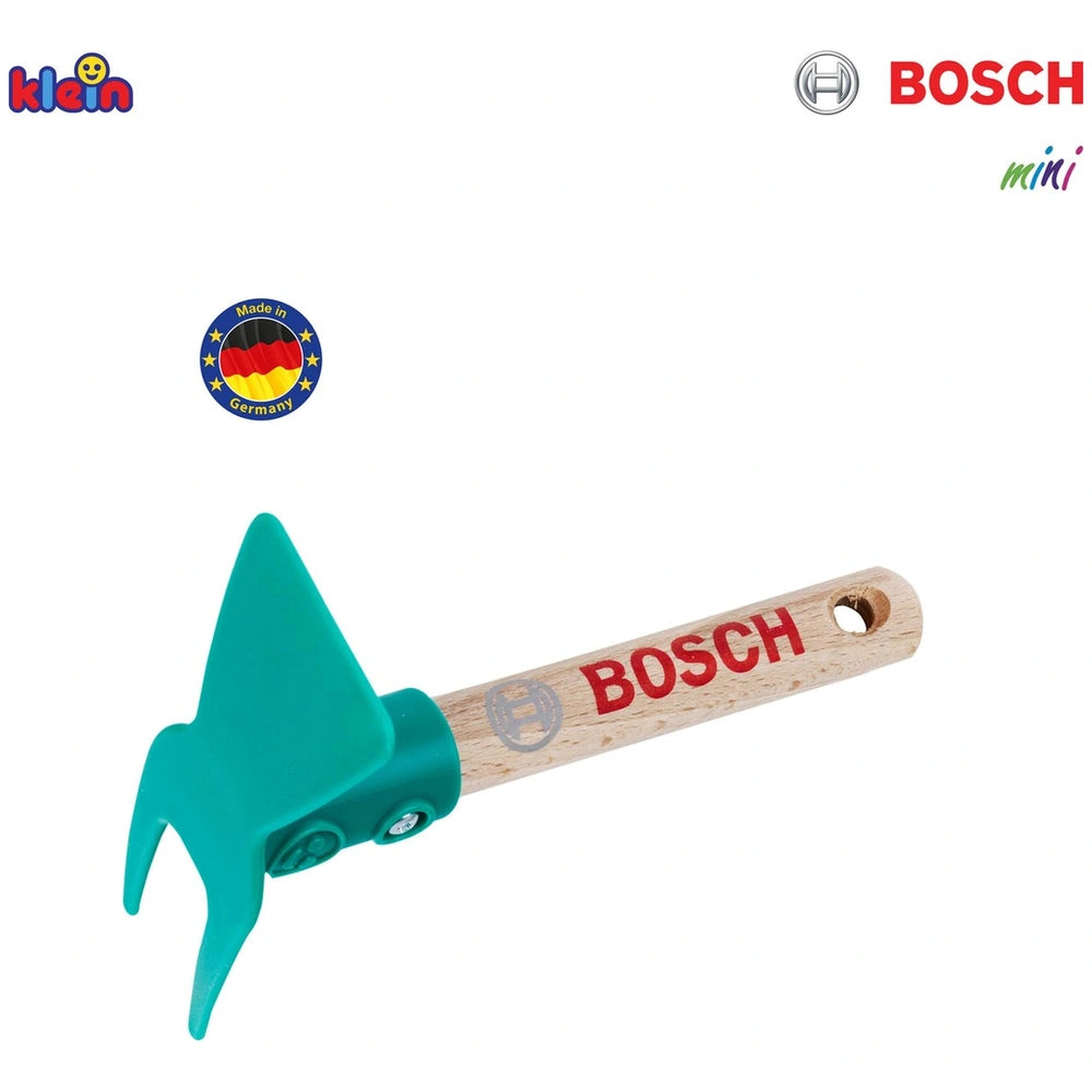 Theo Klein Bosch garden hoe for kids, featuring a green body, wooden handle, and visible "BOSCH" logo.