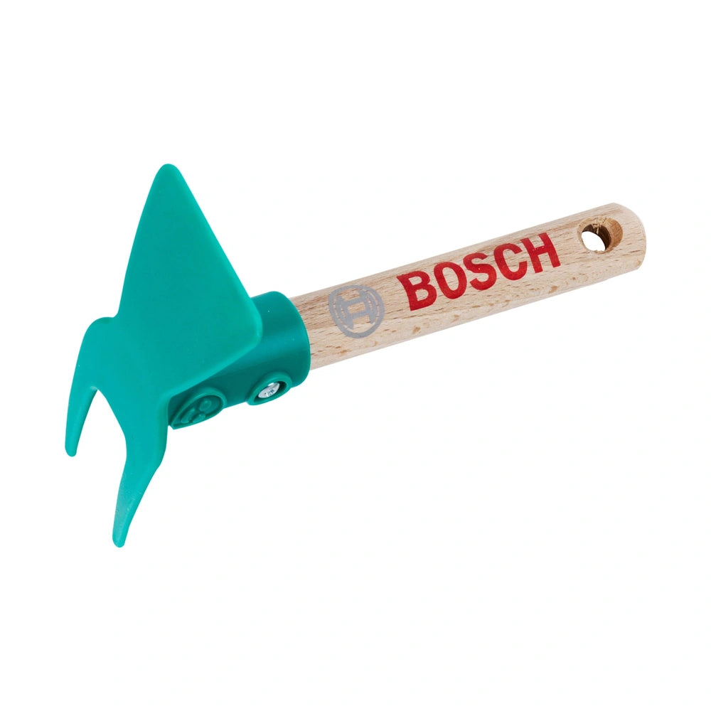 Theo Klein Bosch garden hoe with a wooden handle and green plastic tip, featuring "BOSCH" text on the handle.