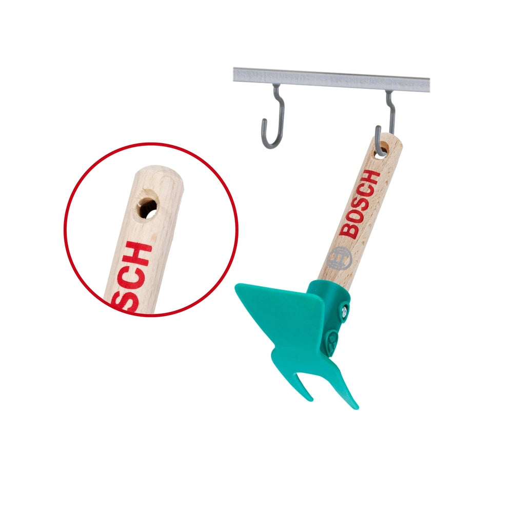 Theo Klein Bosch garden hoe with wooden handle, green plastic shovel head, and metal hook, featuring red accents.