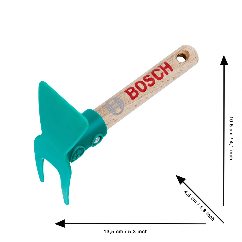 Bosch garden hoe with a brown wooden handle and green plastic head featuring a logo and measurement marking.