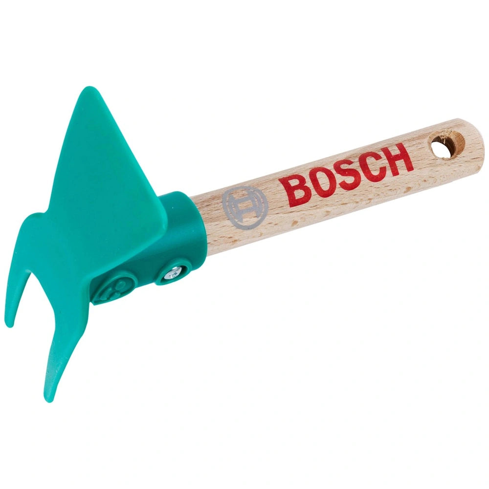 Theo Klein Bosch Garden hoe with wooden handle, green plastic grip, and red lettering, designed for outdoor play.