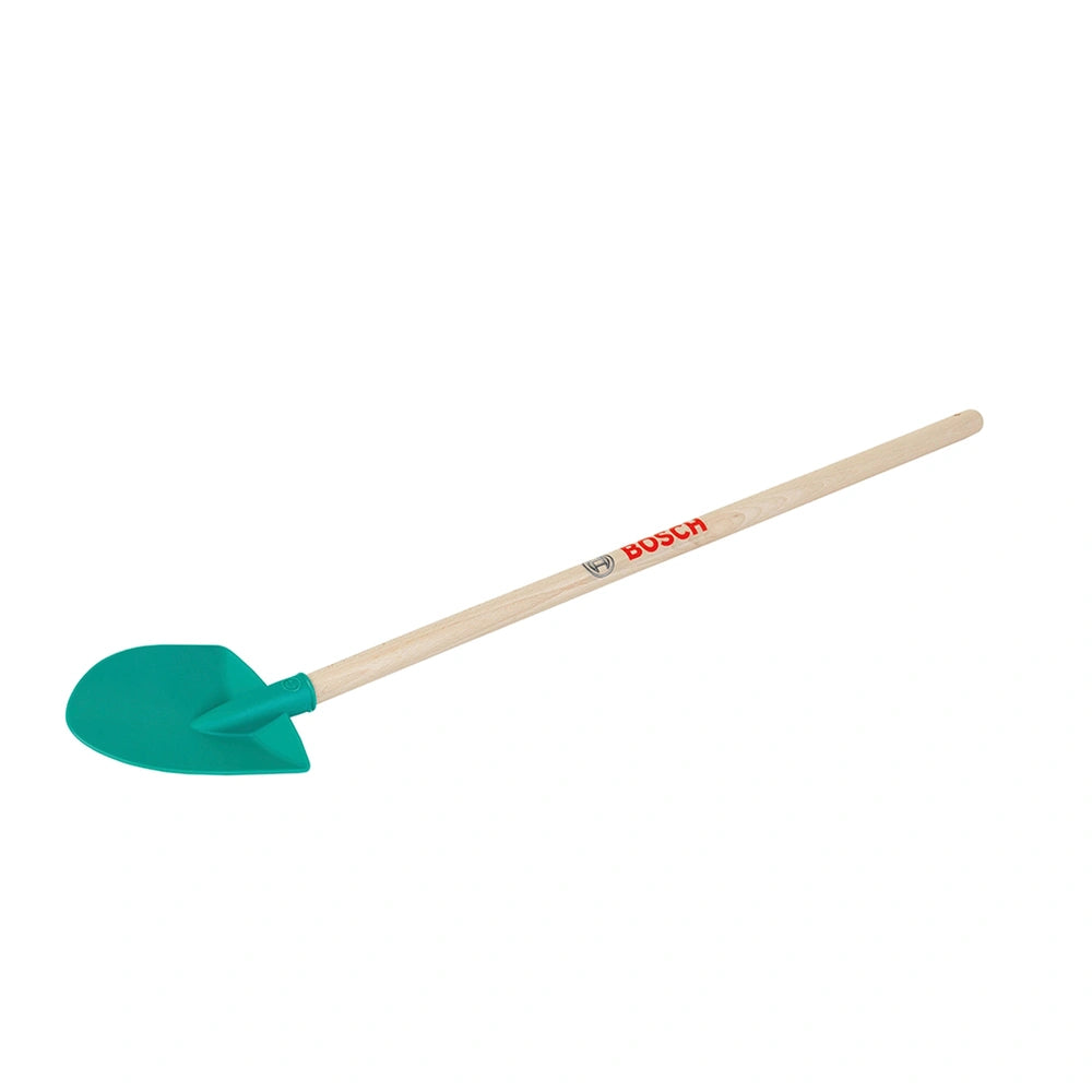 Theo Klein Bosch Garden shovel features a wooden handle and green plastic scoop with "Buddy" printed on the handle.