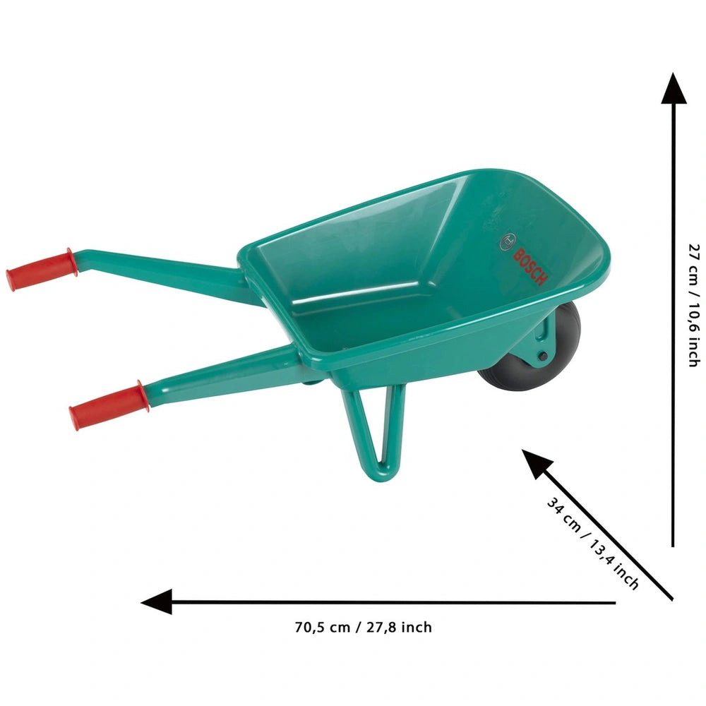 Green plastic Theo Klein Bosch wheelbarrow with black wheel, featuring "BOB" and size markings 70.5 cm and 34 cm.