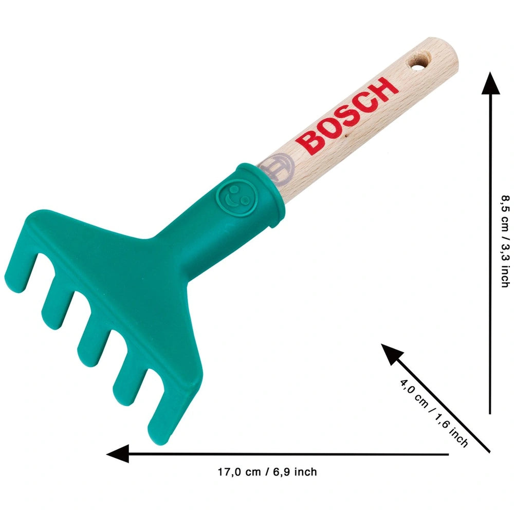 Theo Klein Bosch Garten hand rake features a brown wooden handle and a green plastic head, ideal for outdoor play.