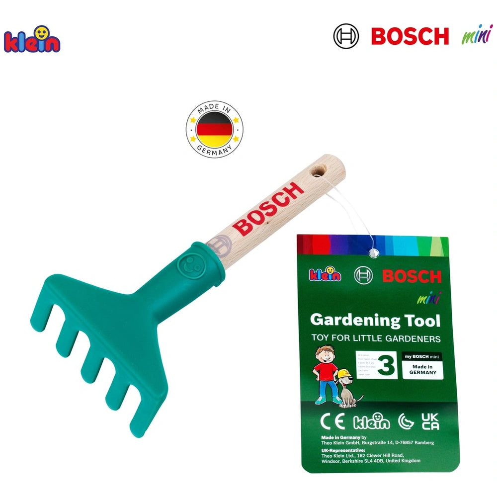 Theo Klein Bosch Garten hand rake in glossy green packaging, featuring red and white logos and labels with gardening tool det