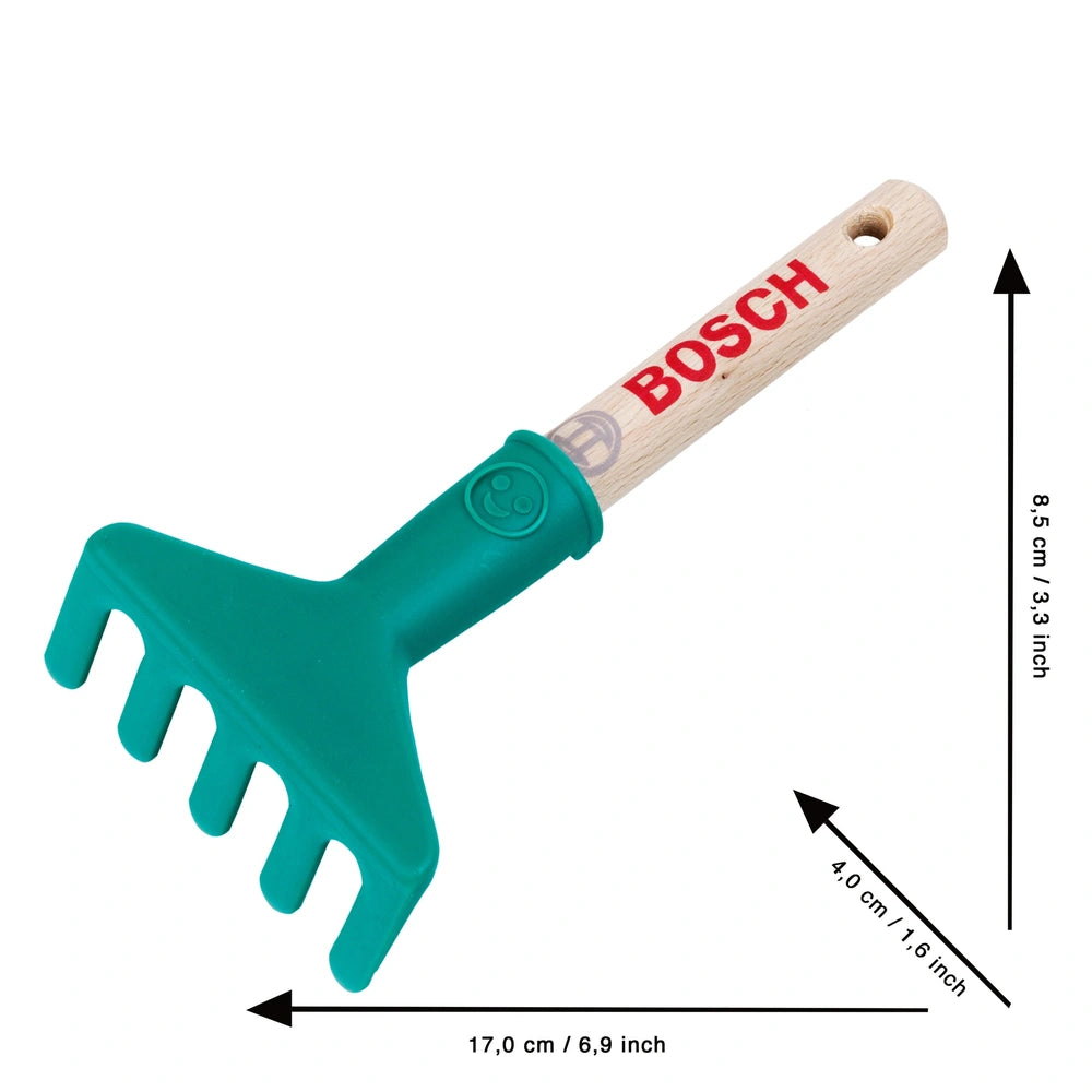 Theo Klein Bosch Garten hand rake features a brown wooden handle and a green plastic head with a logo and metal loop.