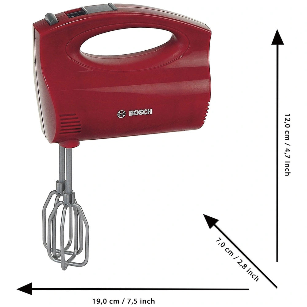 Theo Klein Bosch handmixer in red plastic with silver handle, featuring a whisk attachment and brand logo, centered on a whit