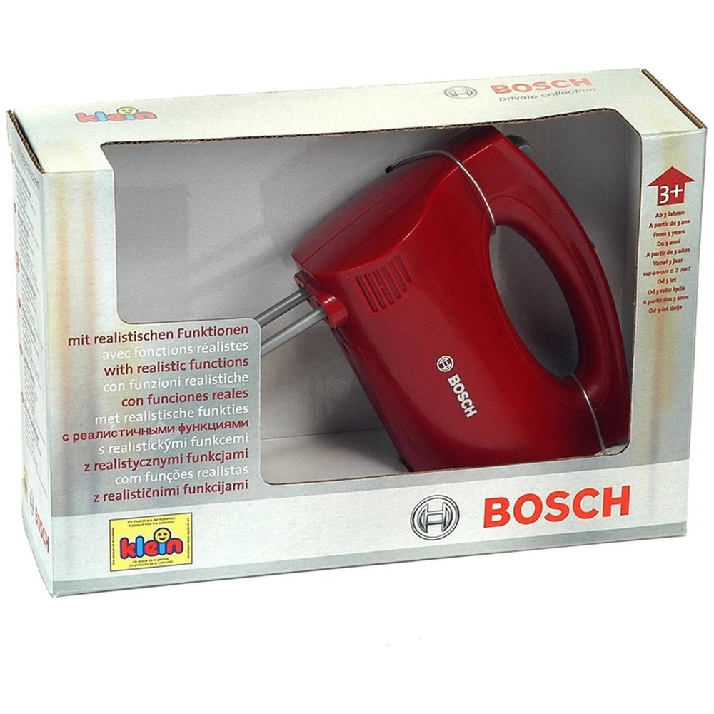 Theo Klein Bosch handmixer in white box, featuring red plastic watering can, gray handle, and colorful labels.