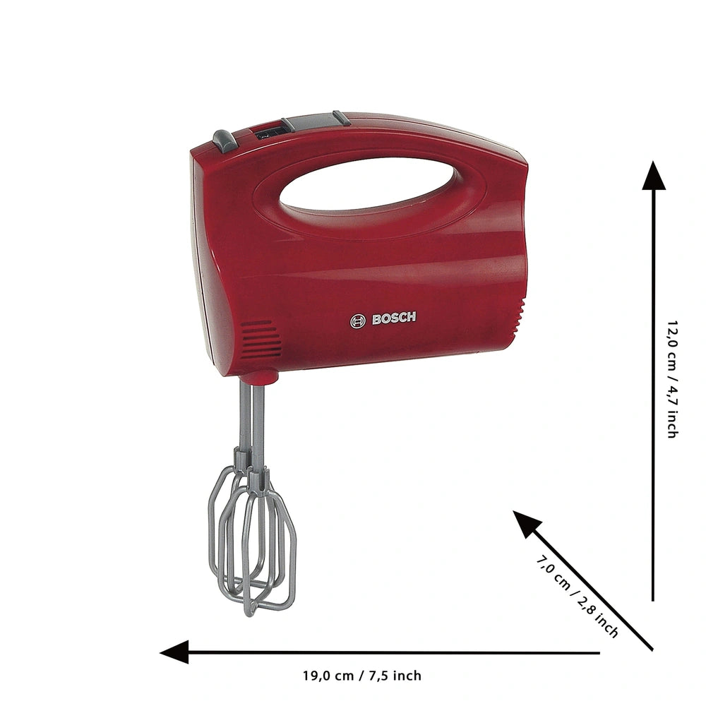 Theo Klein Bosch hand mixer with a red body, silver handle, whisk attachment, and power button, made of glossy plastic and me