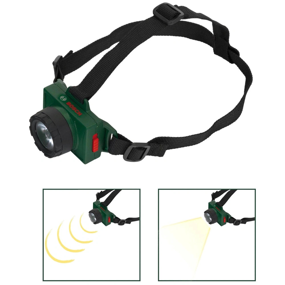 Theo Klein Bosch head lamp in green with black strap, lens, and buttons, featuring yellow flashlight and red ON/OFF buttons.