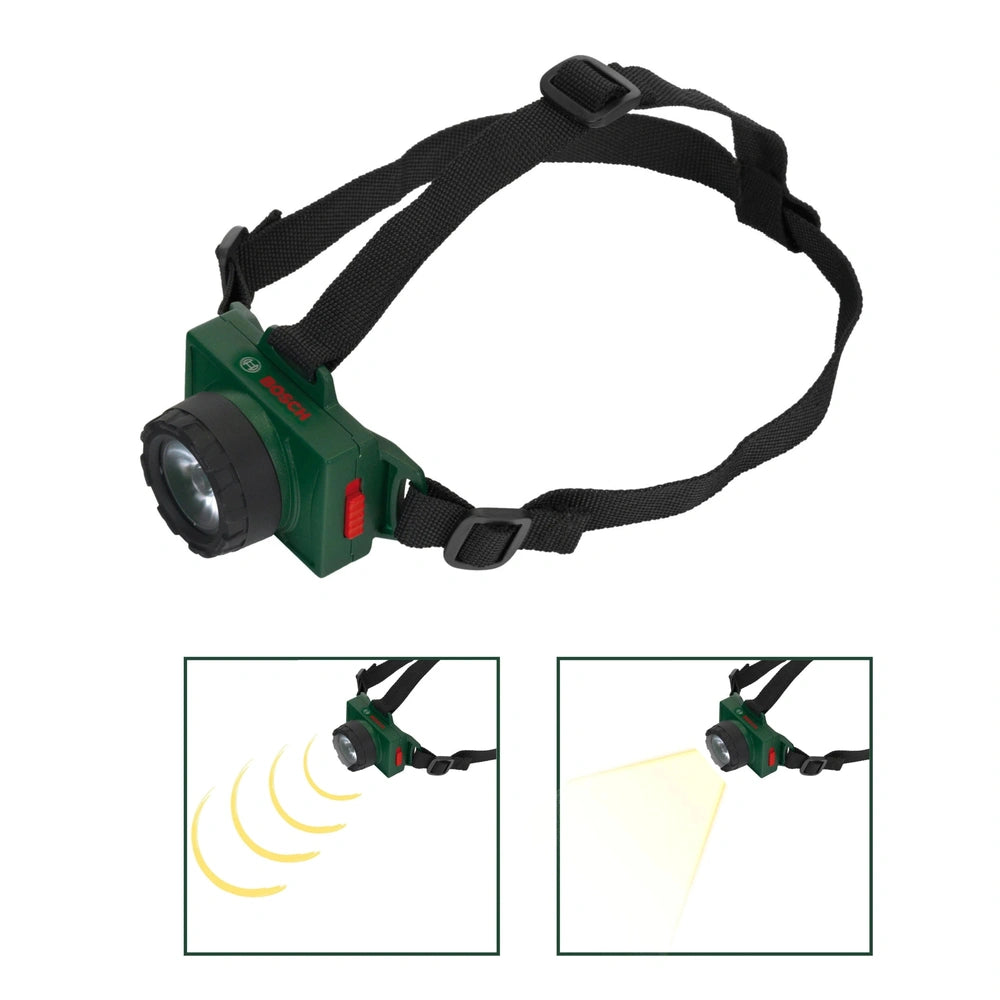 Theo Klein Bosch headlamp with green casing, black strap and lens, featuring white light and "BOCH" text.