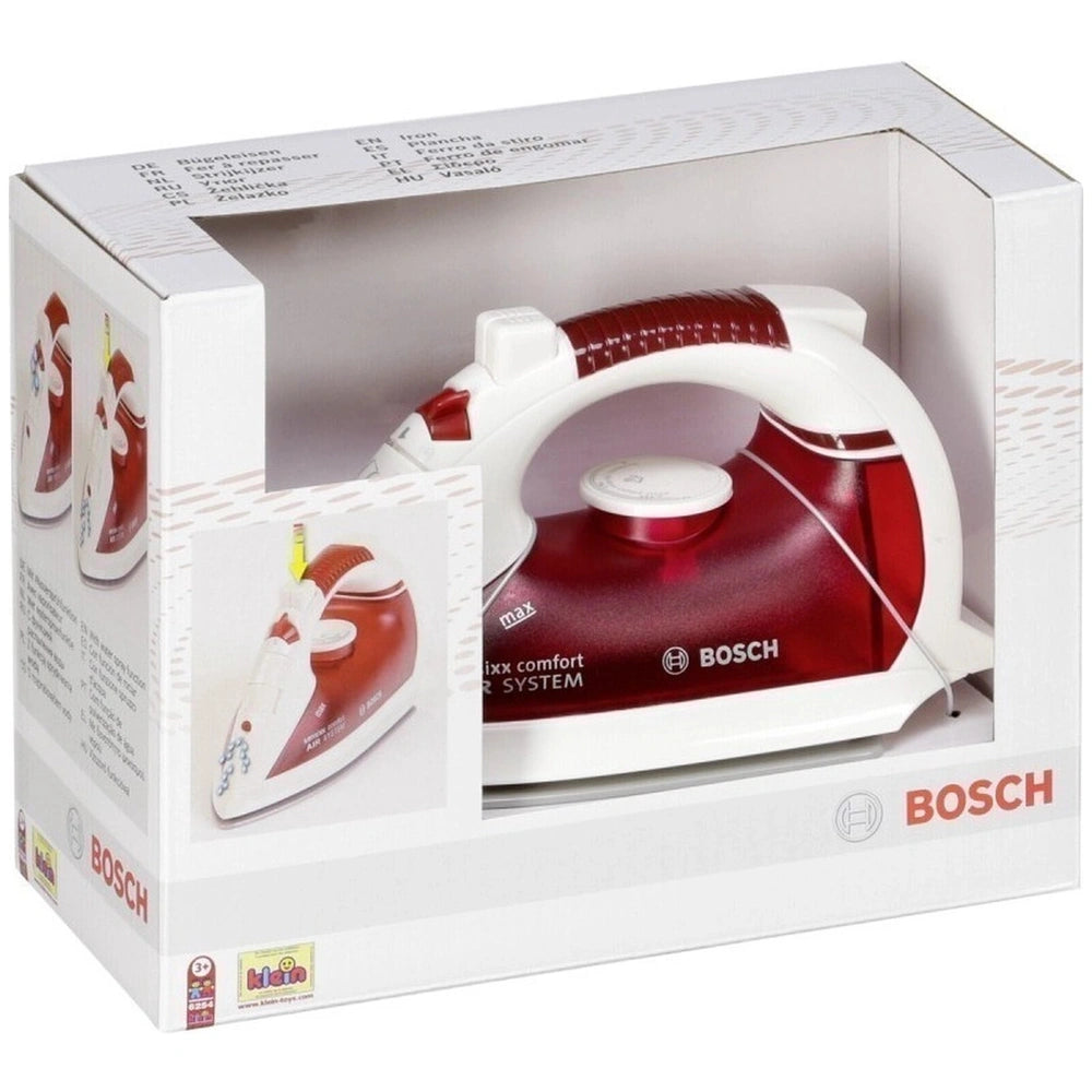 Theo Klein Bosch pretend iron in red and white packaging with a plastic window, designed for role-playing and professions.