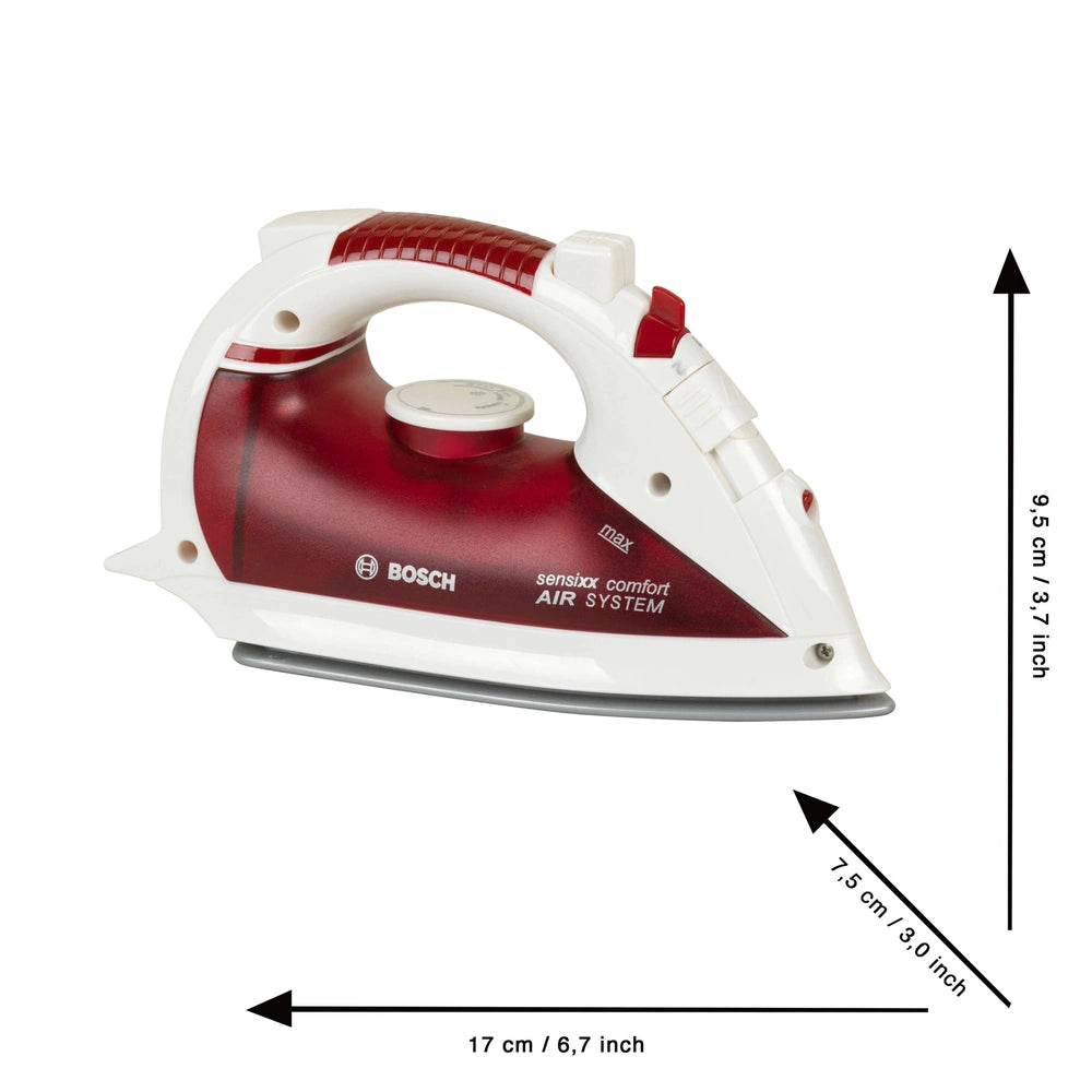 Theo Klein Bosch pretend iron in red and white with black soleplate and "SENSOR CONTROL AIR SYSTEM" text.