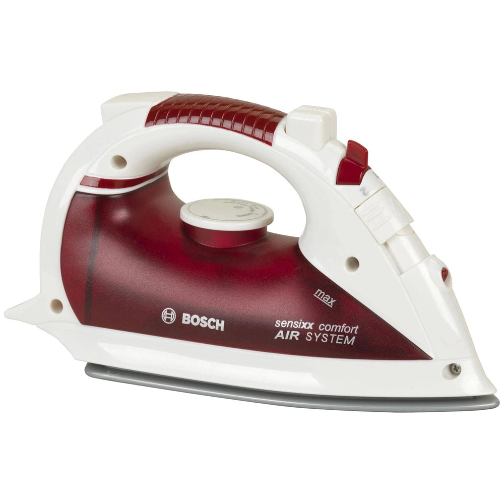 Theo Klein Bosch iron in red and white with "BOSSCH" on the soleplate and a white control knob with red accents.