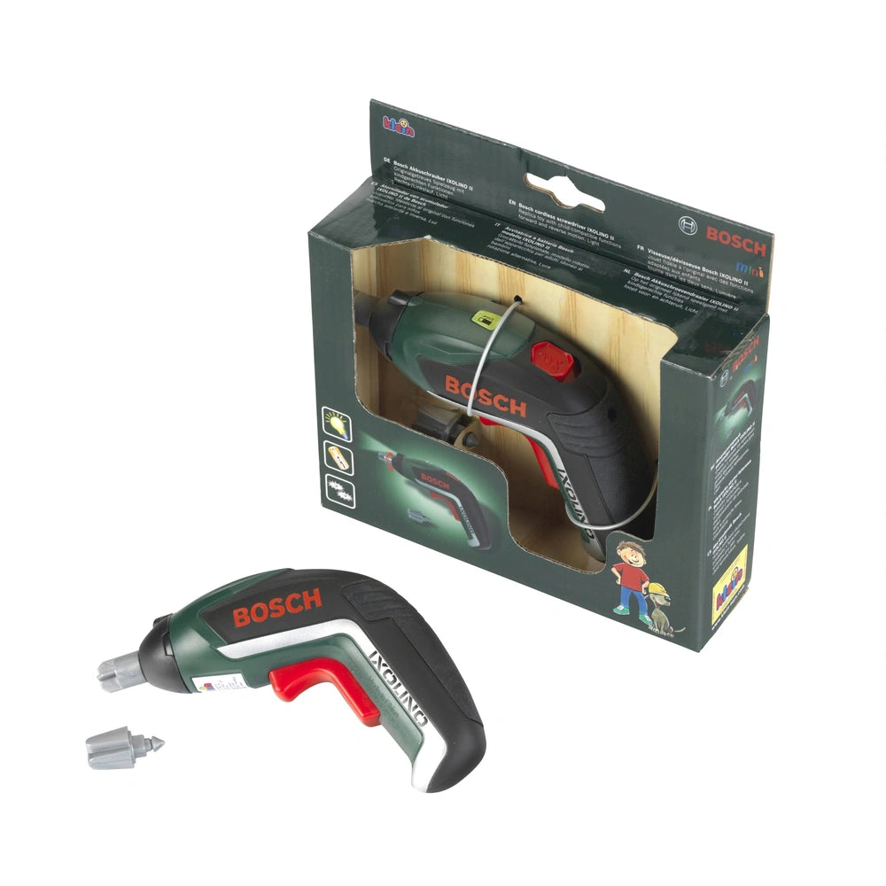 Theo Klein Bosch Ixolino II green and black pretend tool in cardboard box with plastic window, featuring red button and metal